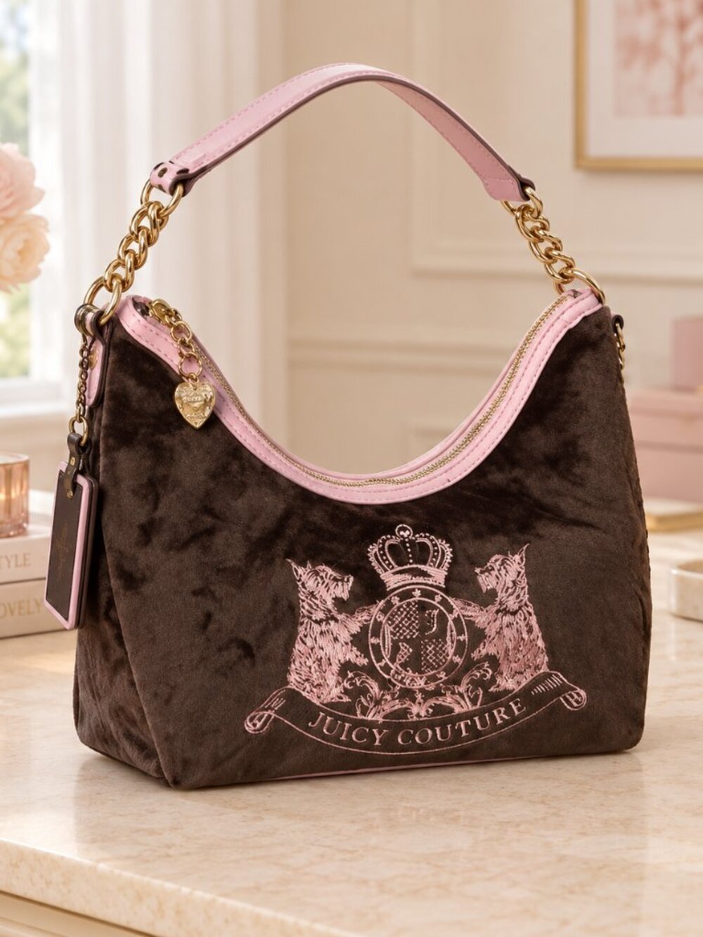 Juicy Couture Chocolate Brown Velour Heritage Crest Hobo Bag NWT